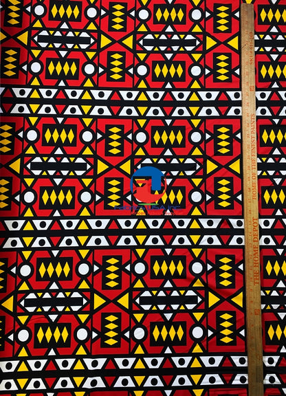 African Print Fabric  in Nylon Spandex  4 Way Stretch  Fabric - Samakaka Design- Red, Yellow, White, Black