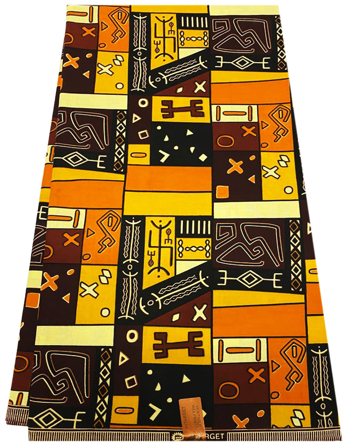 Angola Ankara Wax Print Fabric-Yellow Gold Gold Brown Cream Dark Brown