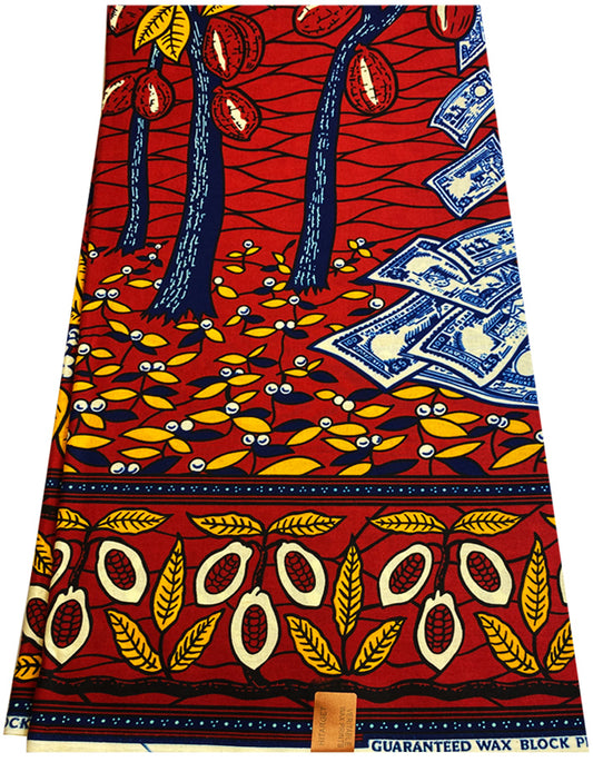 Money Tree Design -Hitarget Brand African Wax Prints- Red Golden-Yellow Navy Blue White Black Cream