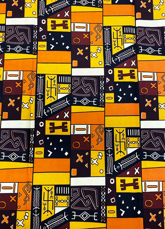 Angola Ankara Wax Print Fabric-Yellow Gold Gold Brown Cream Dark Brown