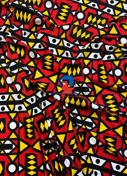 African Print Fabric  in Nylon Spandex  4 Way Stretch  Fabric - Samakaka Design- Red, Yellow, White, Black