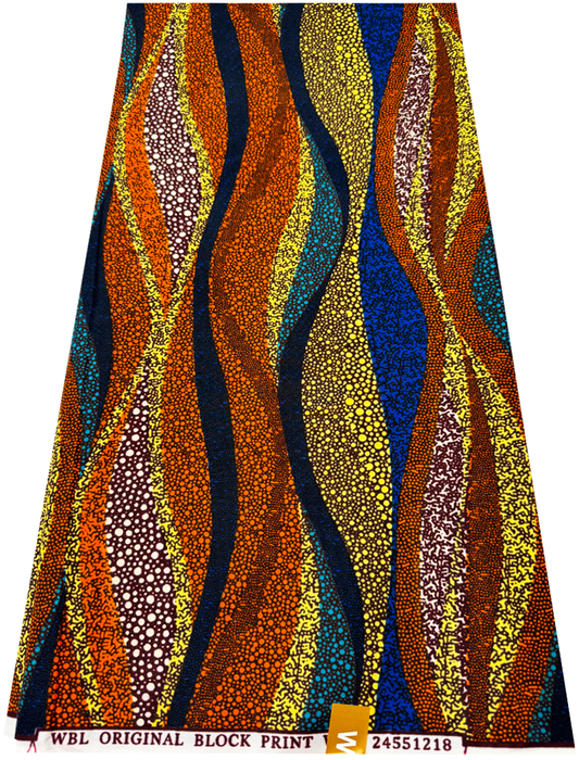 Exclusive Design Polyester African Wax Print- 	Tangerine-orange, Azure-blue, Turquoise, Yellow, Dark-brown, Black, Ivory-cream