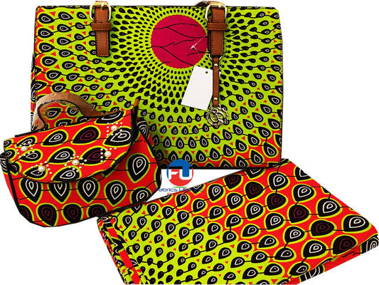 African Print Fabric & Bags; Fabric Print Pattern-Lime-Green,Orange,Black