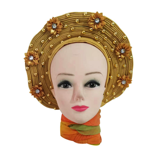 Gold with flower Auto Gele Nigeria Headtie African  Head Wraps Gele with Shoulder  Shawl/ Strap with Stones - For all Occasions-