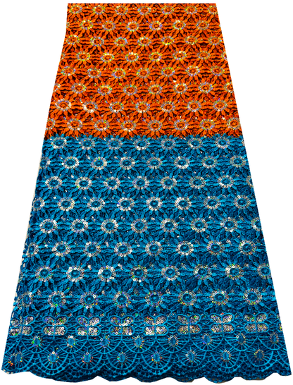 African Corded Lace / Gupuire Lace- Orange and Sky Blue with white sequins