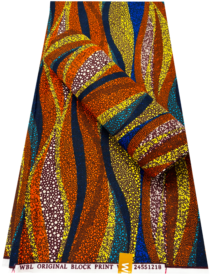 Exclusive Design Polyester African Wax Print- 	Tangerine-orange, Azure-blue, Turquoise, Yellow, Dark-brown, Black, Ivory-cream