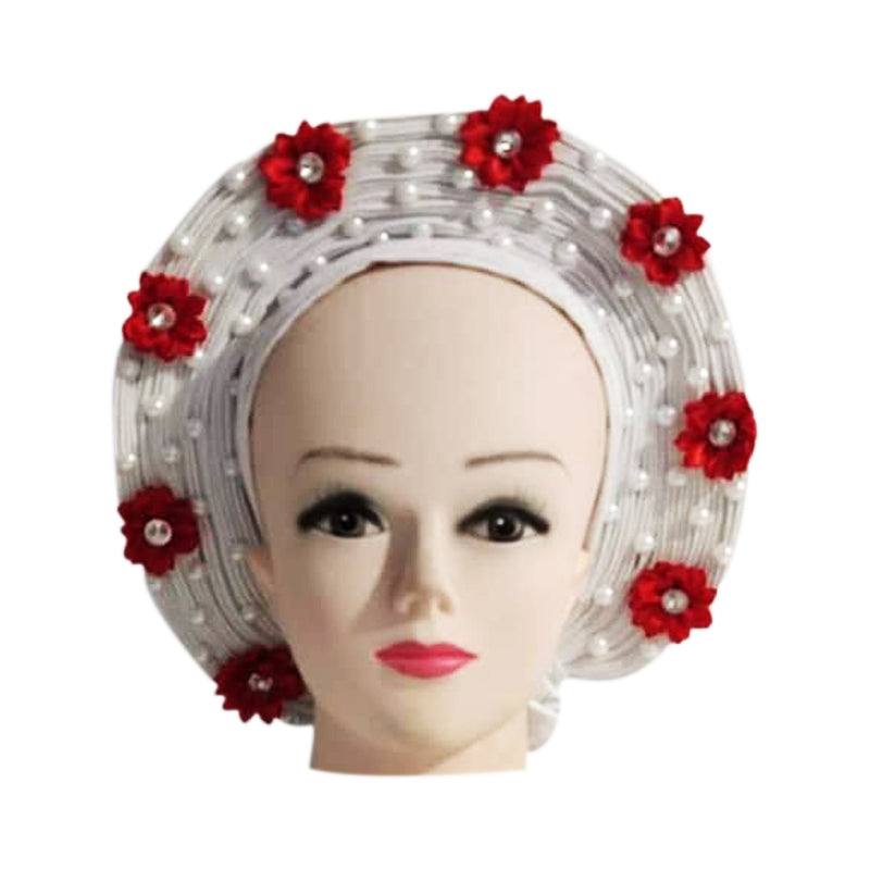 White with red flower Auto Gele Nigeria Headtie African  Head Wraps Gele with Shoulder  Shawl/ Strap with Stones - For all Occasions-