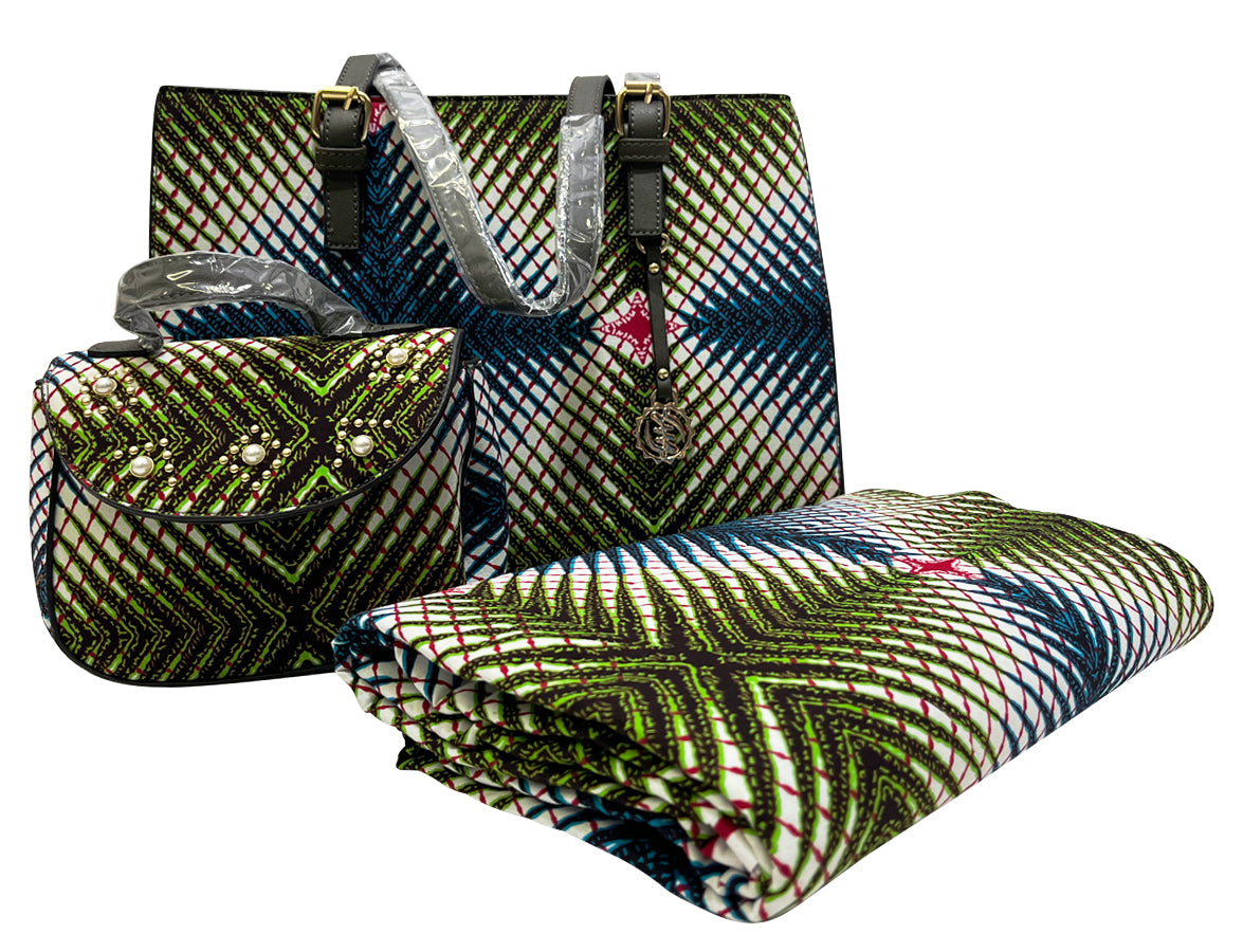 Elegant African Wax Print with Bags- Abstract- Blue, White, Red, Lime-Green