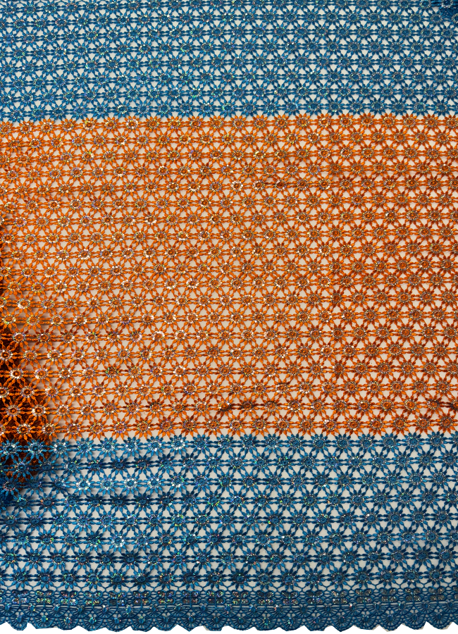 African Corded Lace / Gupuire Lace- Orange and Sky Blue with white sequins