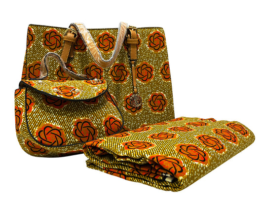 African Print Fabric & Bags- Flower Pattern--Orange, Black, Golden-Brown, White