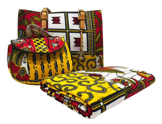 African Ankara Wax Print Fabric & Bags : Patchwork- Yellow ,White ,Red ,Black, Dark-Blue