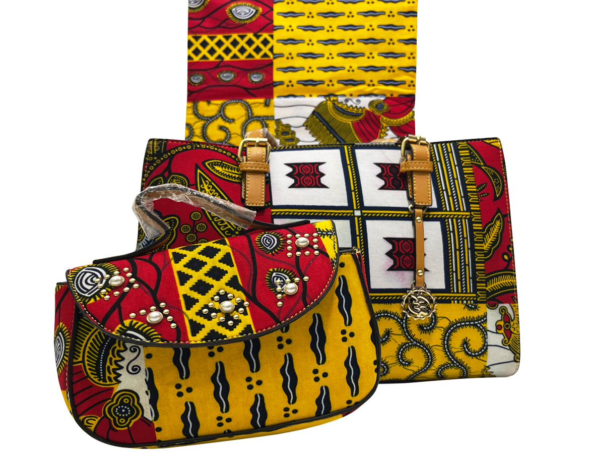 African Ankara Wax Print Fabric & Bags : Patchwork- Yellow ,White ,Red ,Black, Dark-Blue