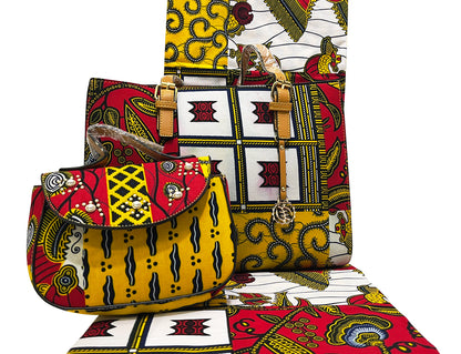 African Ankara Wax Print Fabric & Bags : Patchwork- Yellow ,White ,Red ,Black, Dark-Blue