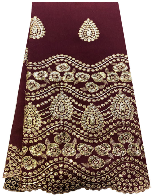 Burgundy Red African George Lace with Gold Embroidery