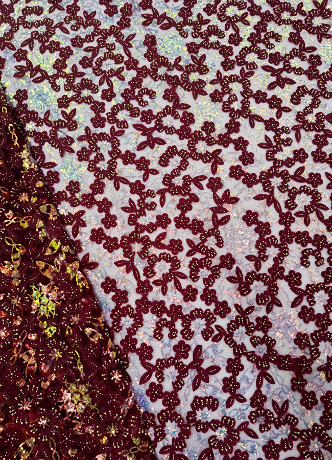 Exotic Burgundy Red Bridal Lace/Lace for Prom Dresses Embroidery with Pearls & Iridescent Sequin