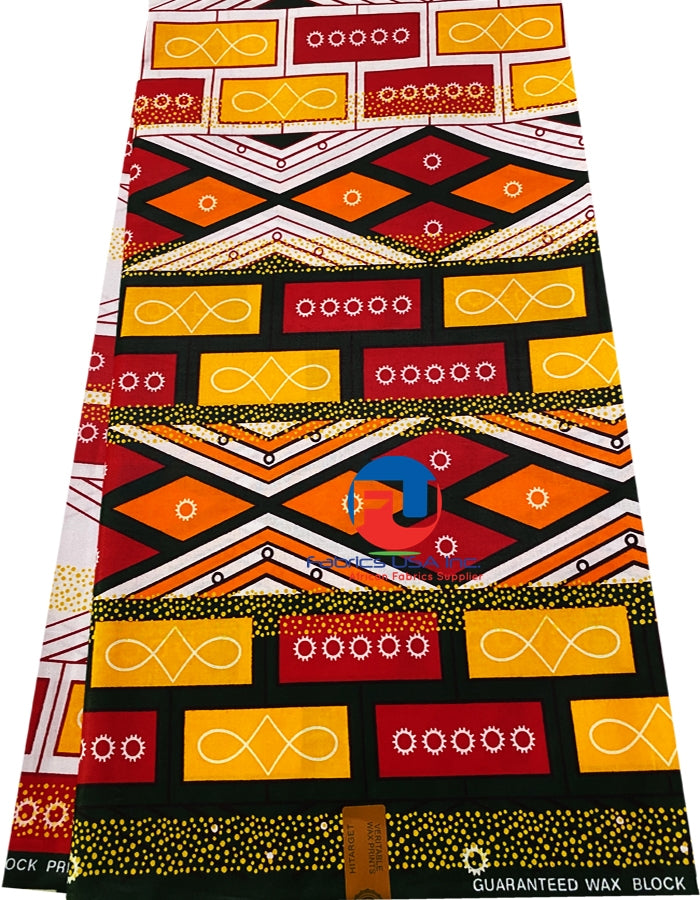 African Wax Polished Print- Yellow-Red,Orange,Green,White