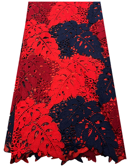 Red & Navy Blue African Guipure Lace Fabric- 3.5 Yards