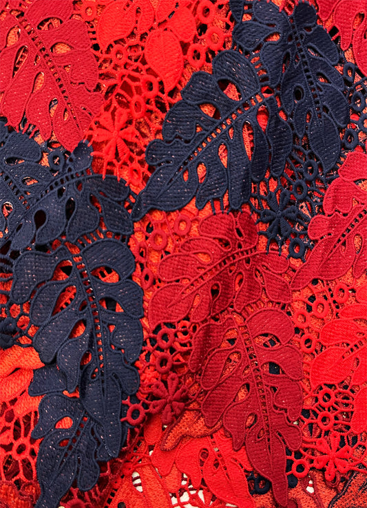 Red & Navy Blue African Guipure Lace Fabric- 3.5 Yards