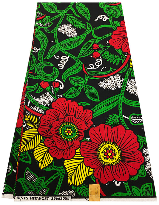 Antique Floral Design- Forest Green Red Yellow Black White