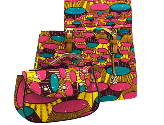 African Print Fabric / Hand Bag/ Satchel Bag- Drum- Pink ,Green ,Yellow, Black, Purple