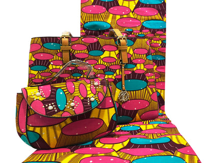 African Print Fabric / Hand Bag/ Satchel Bag- Drum- Pink ,Green ,Yellow, Black, Purple