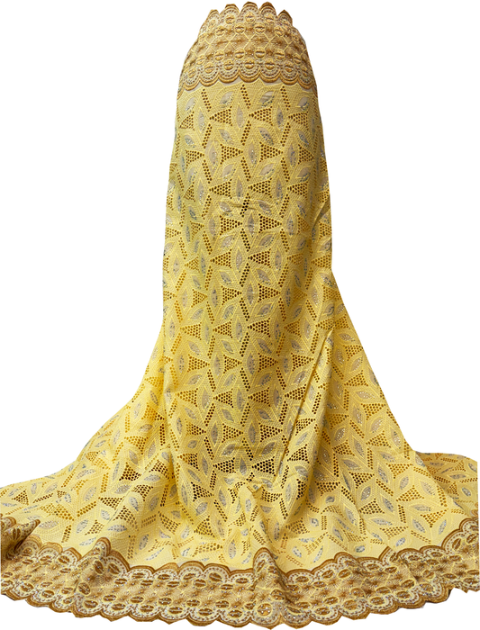 Swiss Voile Lace Fabric- Yellow-Cream and Gold with tiny stone