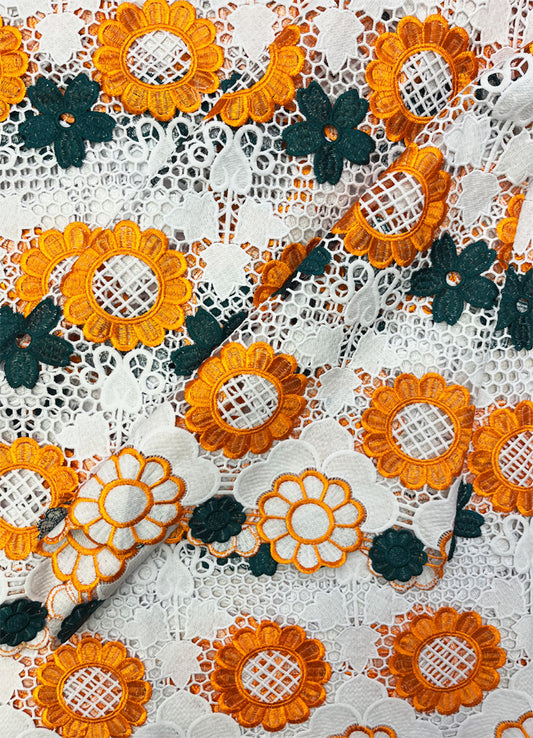 Guipure Lace Fabric- White, Green & Orange