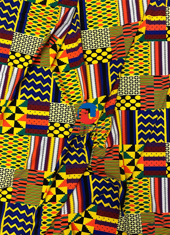 African Print Fabric  in Nylon Spandex 4 Way Stretch  Fabric - Kente Print Design - Multi-Color