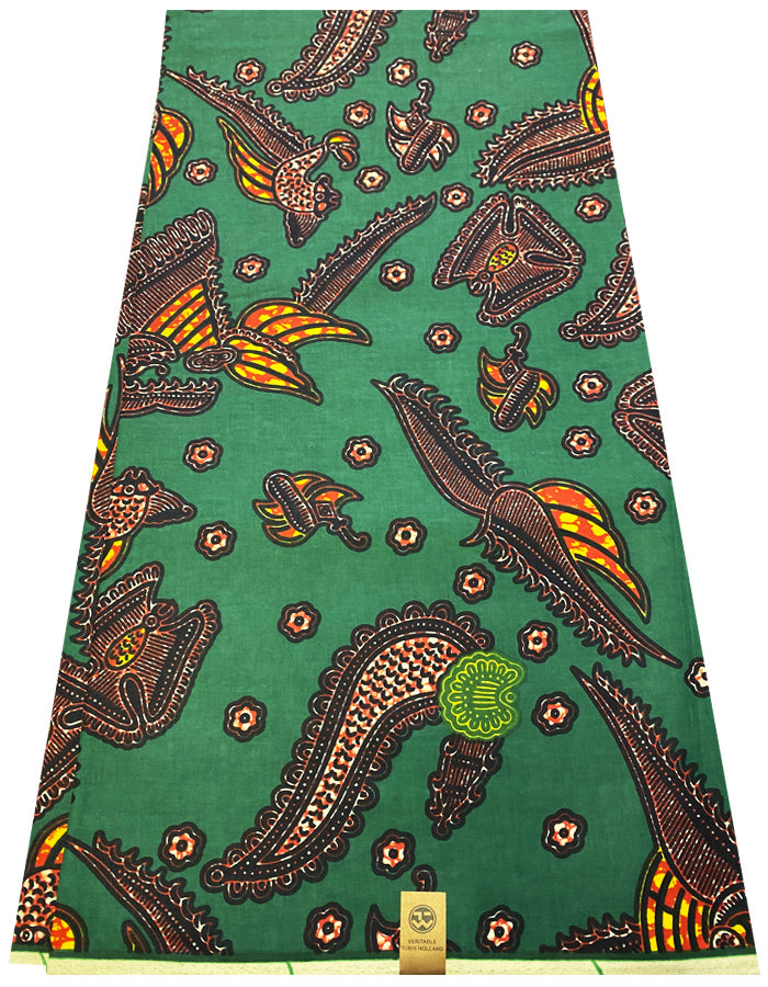 African Wax Print- Green, Yellow, Red, Burnt-Orange, White, Black