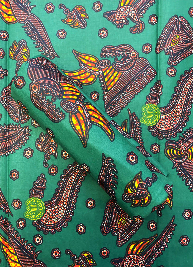 African Wax Print- Green, Yellow, Red, Burnt-Orange, White, Black