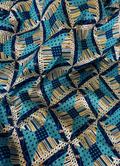 Elegant African Bazin Brocade  Lace Fabric -Royal-blue, Sky-Blue, White and Gold