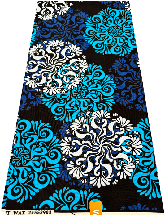 Cotton Blend High Quality Exclusive Design African Wax- Black, Sky-blue, White, Blue-violet