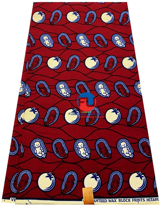 Phoenix Hitarget Ankara Wax Print- Motherhood Print / Baby in the Womb Pattern - Red, Cream., Blue