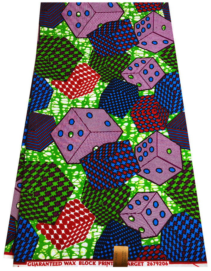 Dice Pattern in African wax Print- Purple Blue Red Apple Green White