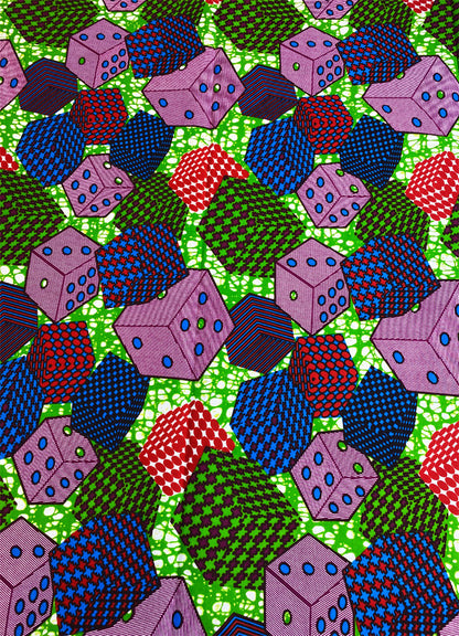 Dice Pattern in African wax Print- Purple Blue Red Apple Green White