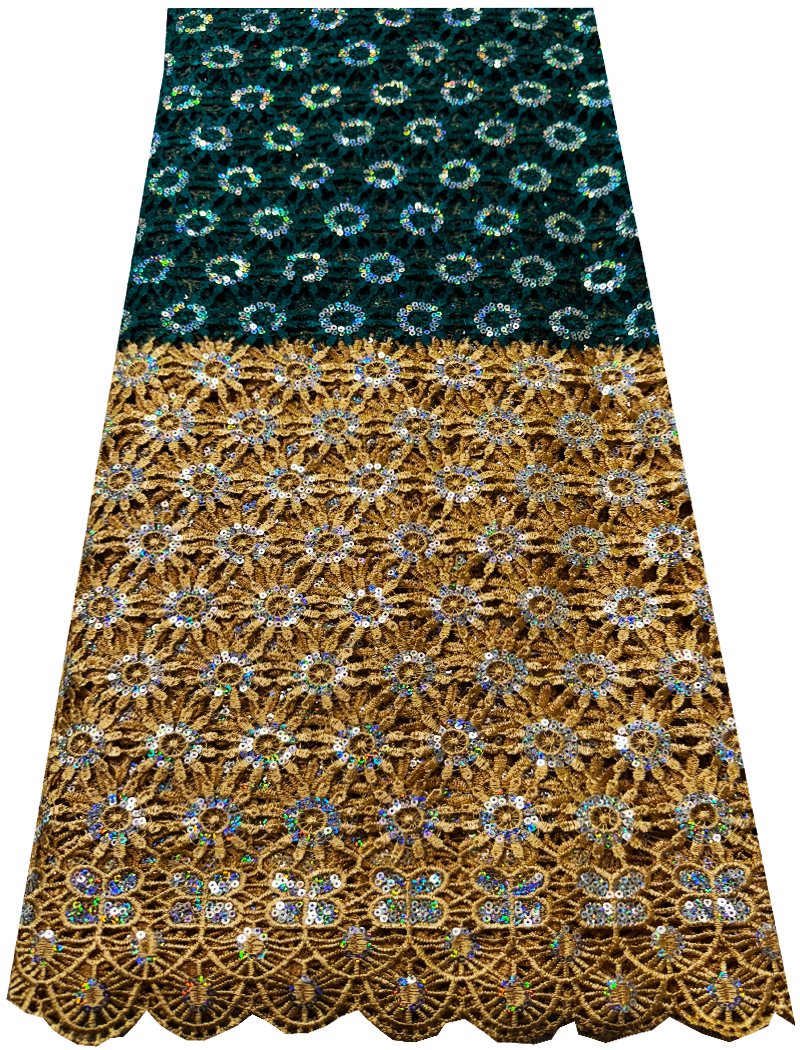 African Corded Lace / Gupuire Lace- Forest-Green and Gold with white sequins