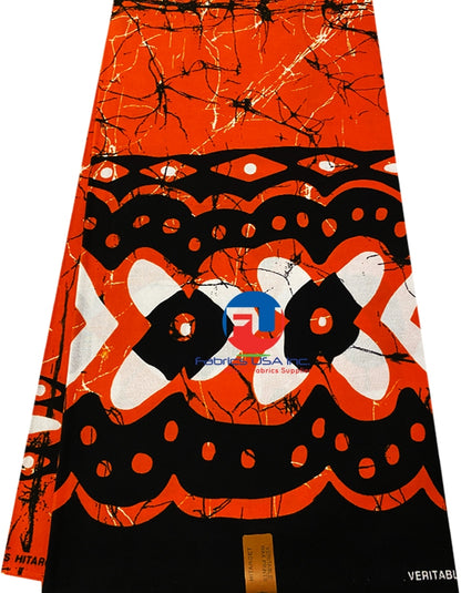 Batik Wax Print ; Orange, WHite,  Black