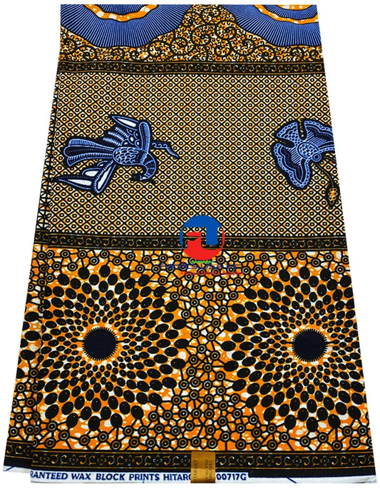 African Wax Print; Black,Light-Orange,Cream,Dark-Blue