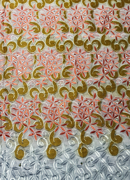 Swiss Voile Lace Fabric /Exotic Collection of 100% Cotton Swiss Voile Lace Fabric- White , Gold, Salmon