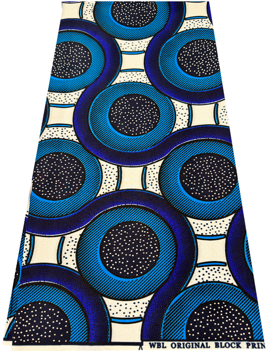 African Veritable Polycotton Ankara Print-  Azure-blue, Sky-blue, White, Black, Dark-blue