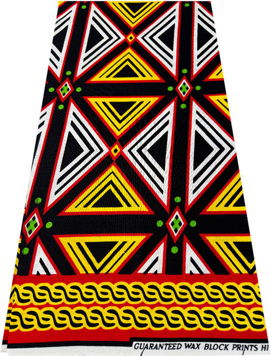 African Wax Print- Geometric Pattern- Yellow, Red, White,  Lime-Green, Black