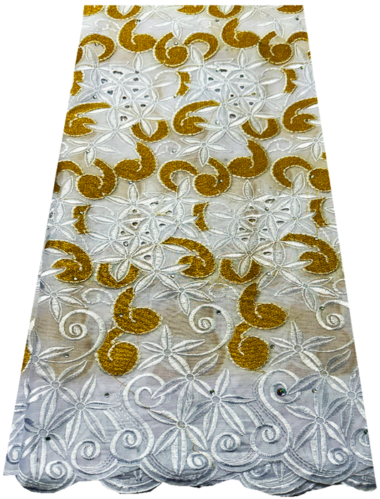 Swiss Voile Lace Fabric /Exotic Collection of 100% Cotton Swiss Voile Lace Fabric- White and Gold