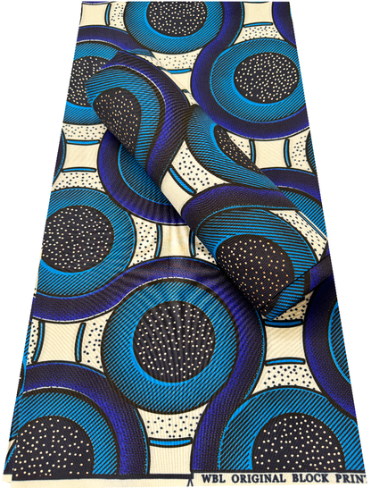 African Veritable Polycotton Ankara Print-  Azure-blue, Sky-blue, White, Black, Dark-blue