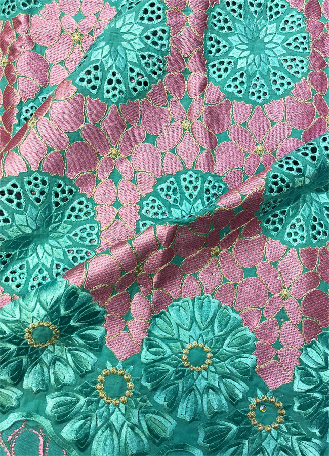 High Quality Swiss Voile Lace- Pink, Aqua Blue & Metallic Gold