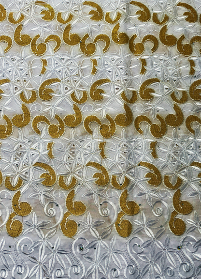 Swiss Voile Lace Fabric /Exotic Collection of 100% Cotton Swiss Voile Lace Fabric- White and Gold