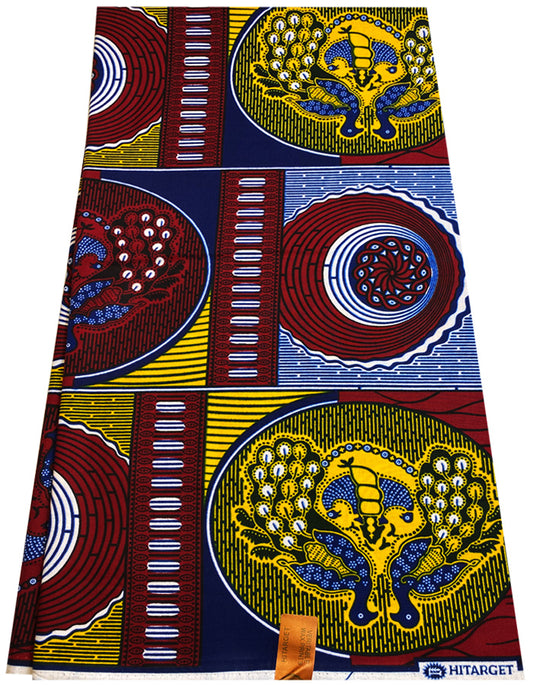 Peacock- Hitarget African Wax Print- Dark-Red, Yellow, Dark-Blue, White