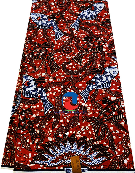 African Ankara Wax Print- Fish -Red-Orange,White,Blue, Cream