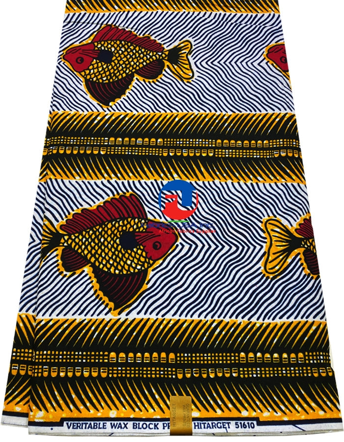 African Wax Print Fabric; Fish- Red,  Yellow, Blue, White, Black