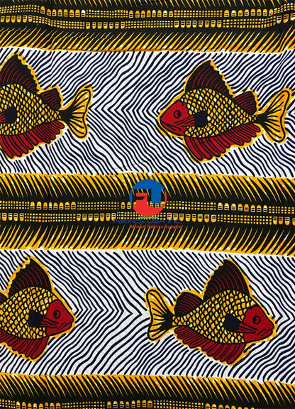 African Wax Print Fabric; Fish- Red,  Yellow, Blue, White, Black