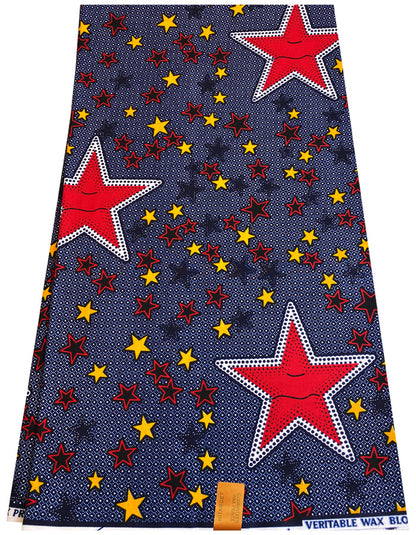 African Wax Veritable Print-Star- Red White Yellow Dark Blue